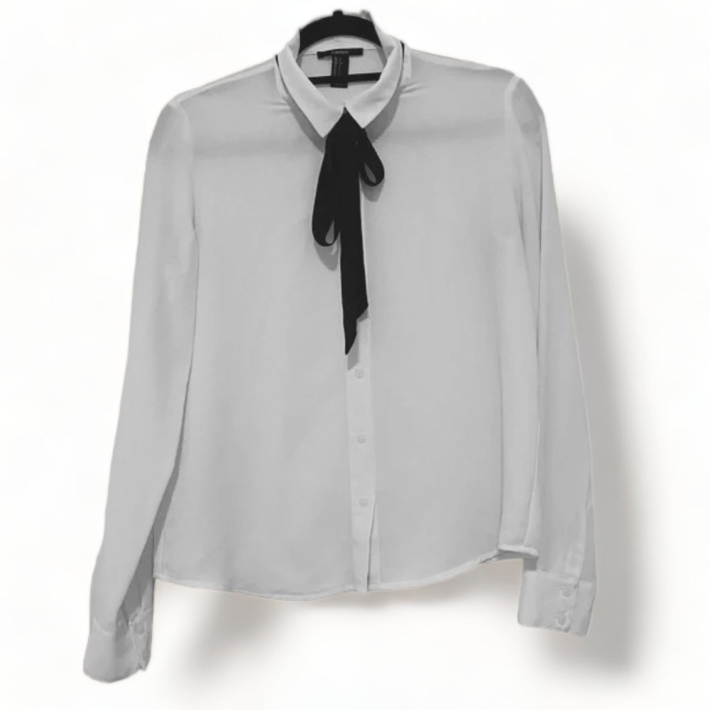 Forever 21White Sheer  Button Down Blouse Top Neck Tie Ascot
